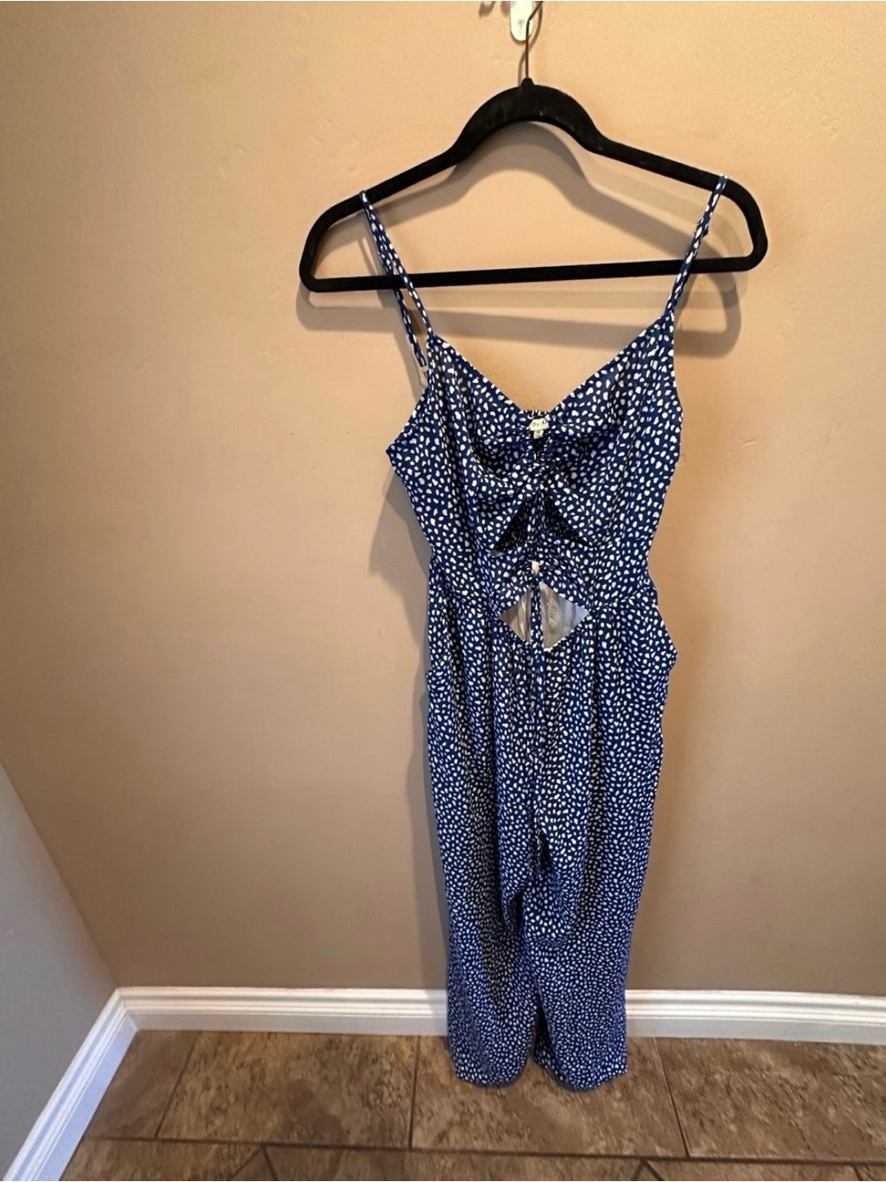 River Blue White Dot Cutout Front Tie Jumpsuit Size M MR5045